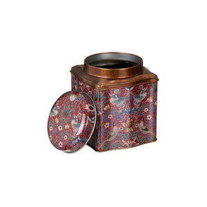 Arts & Crafts William Morris Red Strawberry Thief Tea Caddy shown opened on a white background.