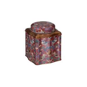 Arts & Crafts William Morris Red Strawberry Thief Tea Caddy shown on a white background side view.