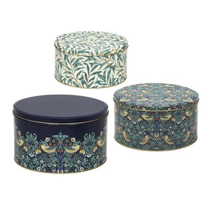 Arts & Crafts William Morris Strawberry Thief Cake Tins set of 3 shown against a white background.