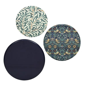 Arts & Crafts William Morris Strawberry Thief Cake Tins set of 3, lids shown against a white background.
