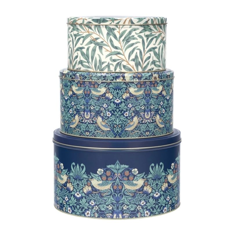 Arts & Crafts William Morris Strawberry Thief Cake Tins set of 3 stacked shown against a white background.