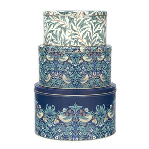 Arts & Crafts William Morris Strawberry Thief Cake Tins set of 3 stacked shown against a white background.