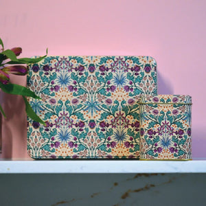 Arts & Crafts Hyacinth tin collection on a pink background