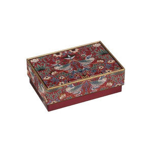 Arts & Crafts William Morris Red Strawberry Thief Chocolate Tin side on shown on a white background.