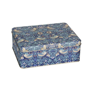 Arts & Crafts William Morris Strawberry Thief Biscuit Tin shown side on against a white background.