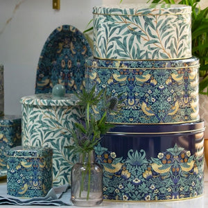 Arts & Crafts William Morris Strawberry Thief Cake Tins set of 3 shown next to other tins in the strawberry thief range.