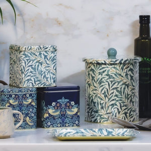 Arts & Crafts Strawberry Thief Square Tin Caddies shown next to the coordinating Willow Biscuit Barrel.