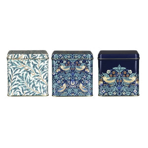 Arts & Crafts Strawberry Thief Square Tin Caddies set of 3 shown against a white background.