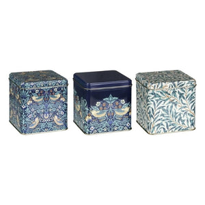 Arts & Crafts Strawberry Thief Square Tin Caddies set of 3 shown side view against a white background.