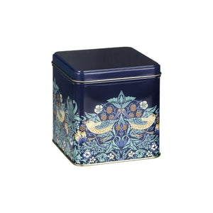 Arts & Crafts Navy Blue Strawberry Thief Square Tin Caddy shown side view against a white background.