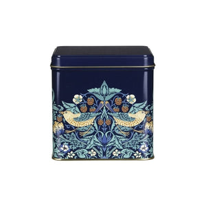 Arts & Crafts Navy Blue Strawberry Thief Square Tin Caddy shown front on against a white background.