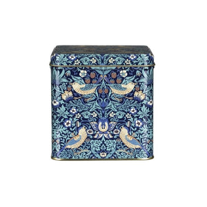 Arts & Crafts Strawberry Thief Square Tin Caddy shown front on against a white background.