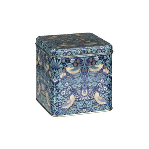Arts & Crafts Strawberry Thief Square Tin Caddy shown side on against a white background.