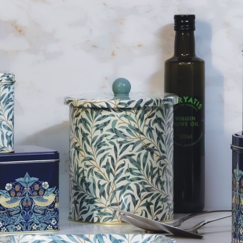 Arts & Crafts William Morris Willow Biscuit Barrel shown against a white background.