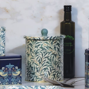 Arts & Crafts William Morris Willow Biscuit Barrel shown next to other William Morris tins.