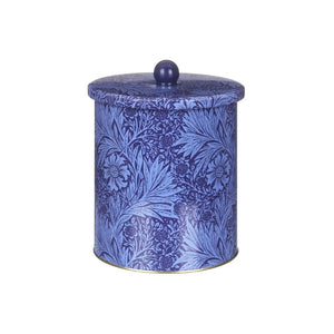 Arts & Crafts Marigold Biscuit Barrel in blue shown front on against a white background.