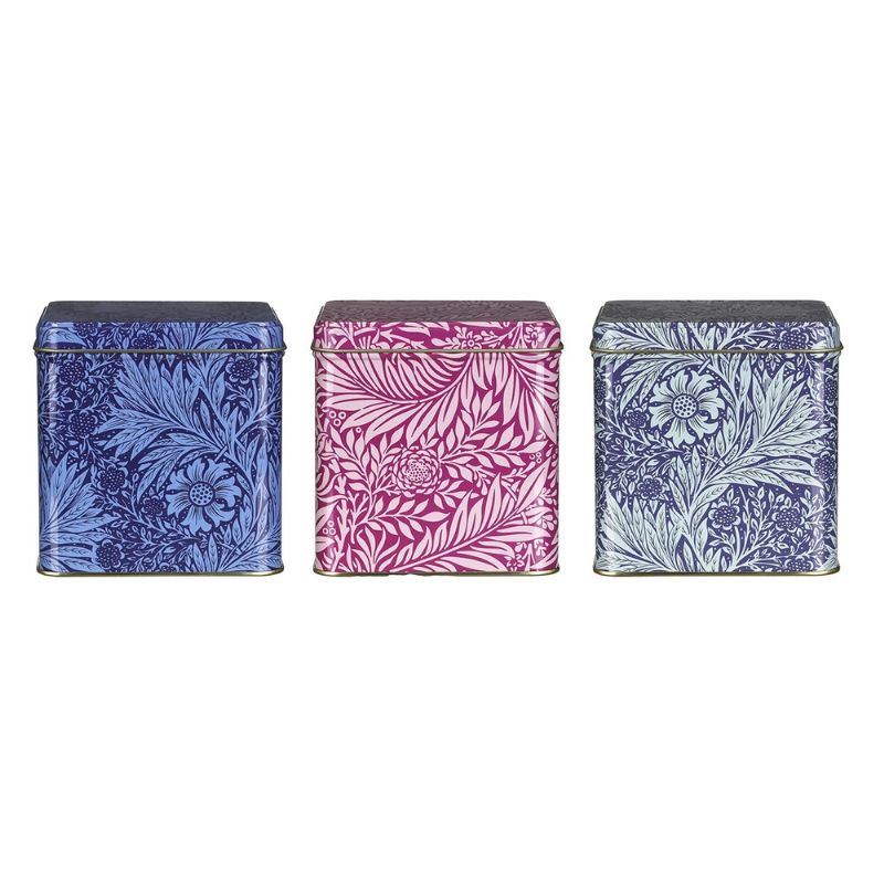 Arts & Crafts Marigold Square Tin Caddies shown front on against a white background.