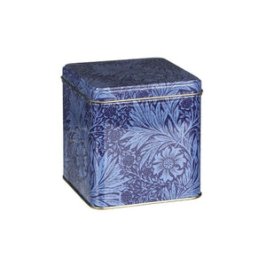 Arts & Crafts Marigold Square Tin Caddy in dark blue shown side on against a white background.