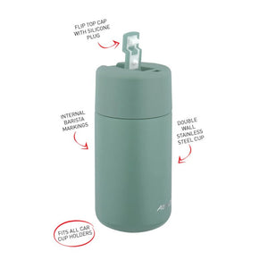 Avanti Brew Insulated Travel Cup in Agave with features highlighted on a white background
