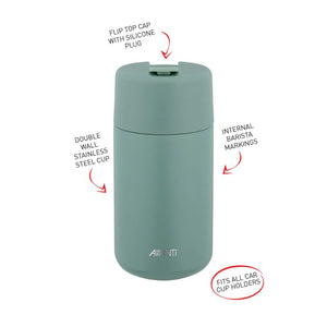 Avanti Brew Insulated Travel Cup in Agave with features highlighted on a white background