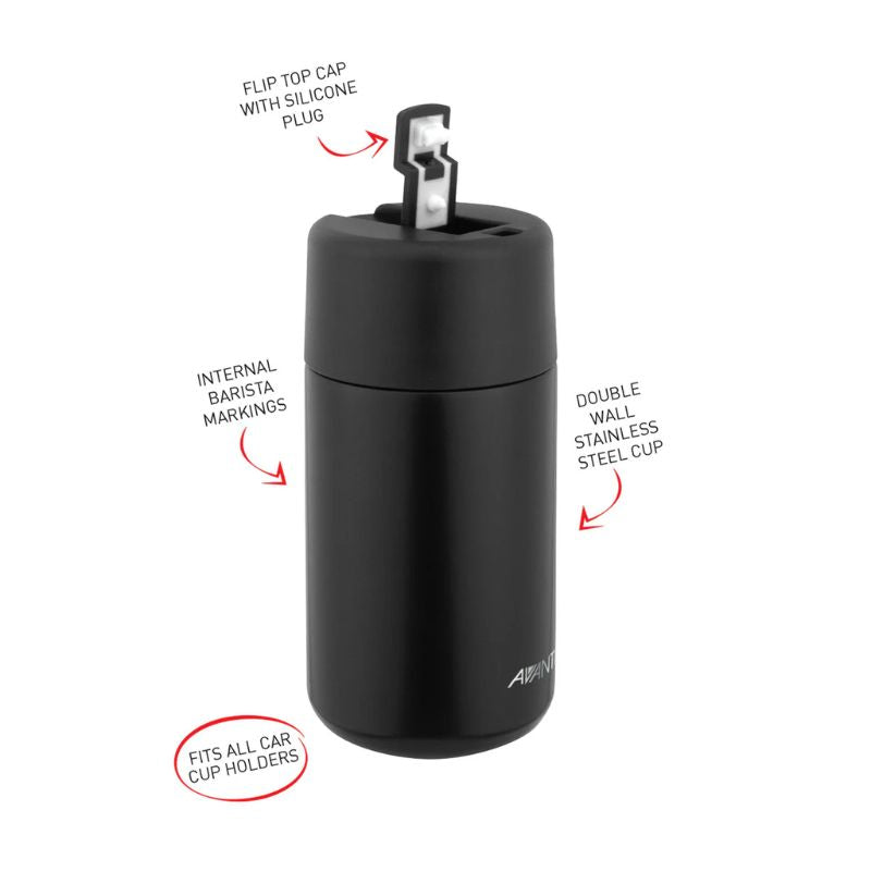 Avanti Brew Insulated Travel Cup in Black on a white background