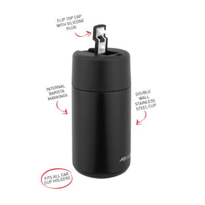 Avanti Brew Insulated Travel Cup in Black with features highlighted on a white background