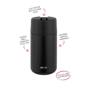 Avanti Brew Insulated Travel Cup in Black  with features labeled on a white background