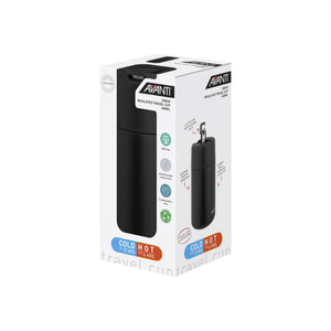 Avanti Brew Insulated Travel Cup in Black shown in packaging on a white background