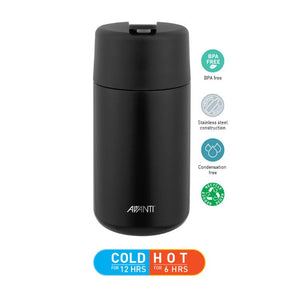 Avanti Brew Insulated Travel Cup in Black with benefits labeled on a white background
