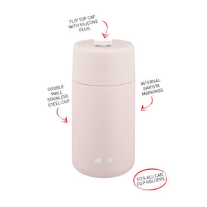 Avanti Brew Insulated Travel Cup with features and benefits shown on a white background