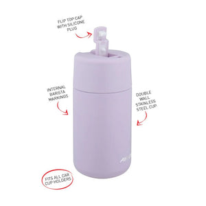 Avanti Brew Insulated Travel Cup in Lilac with features highlighted on a white background