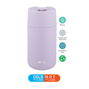 Avanti Brew Insulated Travel Cup in Lilac  with feature icons on a white background