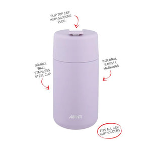 Avanti Brew Insulated Travel Cup in Lilac with features and benefits highlighted on a white background