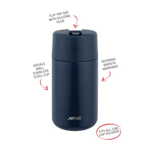  Avanti Brew Insulated Travel Cup in Navy with features highlighted on a white background