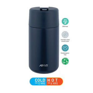 Avanti Brew Insulated Travel Cup in Navy with benefits labeled on a white background