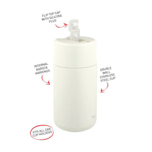 Avanti Brew Insulated Travel Cup in Sand Dune with features highlighted on a white background