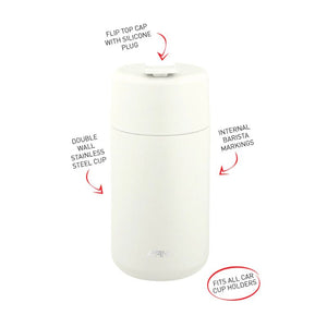 Avanti Brew Insulated Travel Cup in Sand Dune with features labeled on a white background