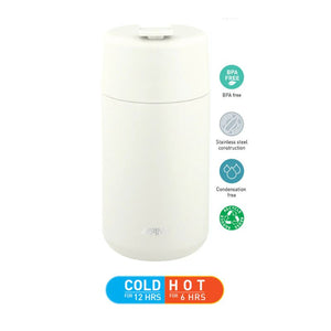 Avanti Brew Insulated Travel Cup in Sand Dune with features labeled on a white background