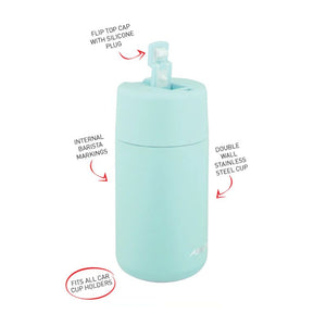 Avanti Brew Insulated Travel Cup in Sea Breeze Blue with features highlighted on a white background