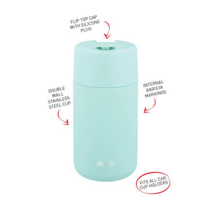 Avanti Brew Insulated Travel Cup in Sea Breeze Blue with features highlighted on a white background