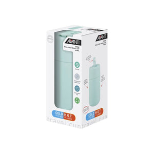 Avanti Brew Insulated Travel Cup in Sea Breeze Blue shown in packaging on a white background
