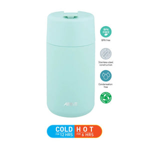 Avanti Brew Insulated Travel Cup in Sea Breeze Blue with features and branding on a white background