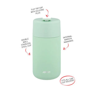 Avanti Brew Insulated Travel Cup in Soft Mint with features highlighted on a white background