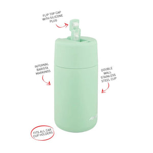 Avanti Brew Insulated Travel Cup in Soft Mint showing flip top cap with features highlighted on a white background