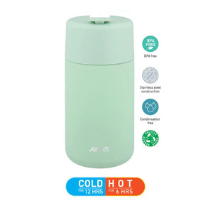 Avanti Brew Insulated Travel Cup in Soft Mint with benefits highlighted on a white background