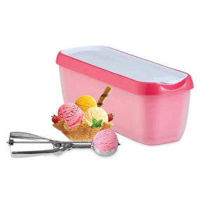 Avanti Easy Scoop Ice Cream Container in pink, next to a scoop of ice cream and an ice cream scoop on a white background