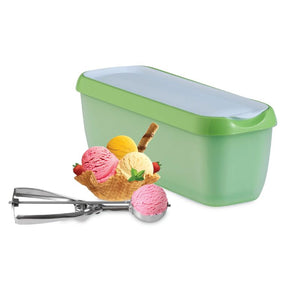 Avanti Easy Scoop Ice Cream Container in Pistachio colour shown next to a scoop of ice cream and an ice cream scoop on a white background.
