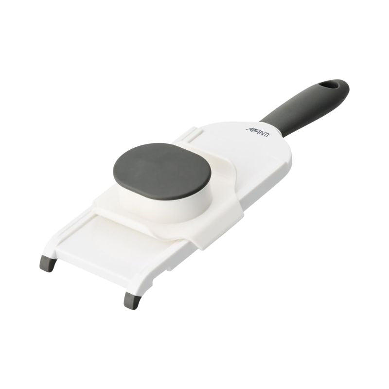 Avanti Hand Held Mandoline Slicer with white body and grey handles and non-slip feet