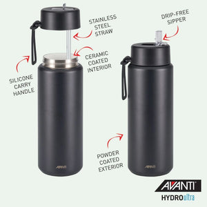 Avanti HydroUltra Vacuum Water Bottle in Black with features highlighted on a light green background.