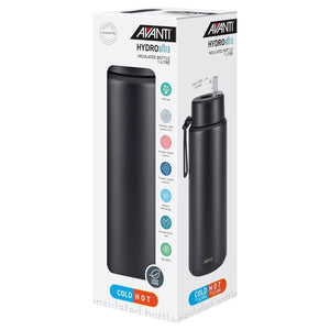 Avanti HydroUltra Vacuum Water Bottle in Black in retail packaging against a white background.